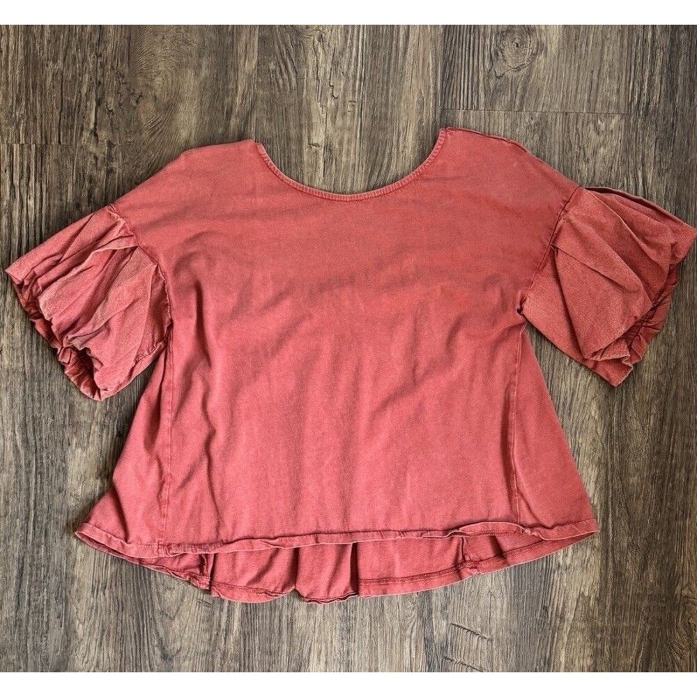 FRYE Puff Sleeve Blouse Orange Womens Size L Scoop Back Short Sleeve Basic Top